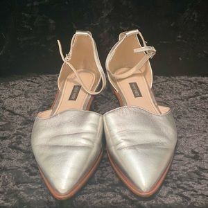 Silver Nine West Ankle Strap Pointy Toe Flats